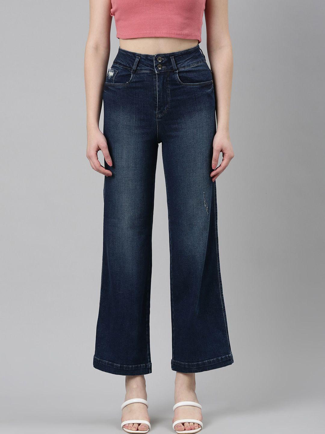 SHOWOFF Jean Acid Wash Wide Leg Mid-Rise Low Distress Stretchable Cotton Jeans