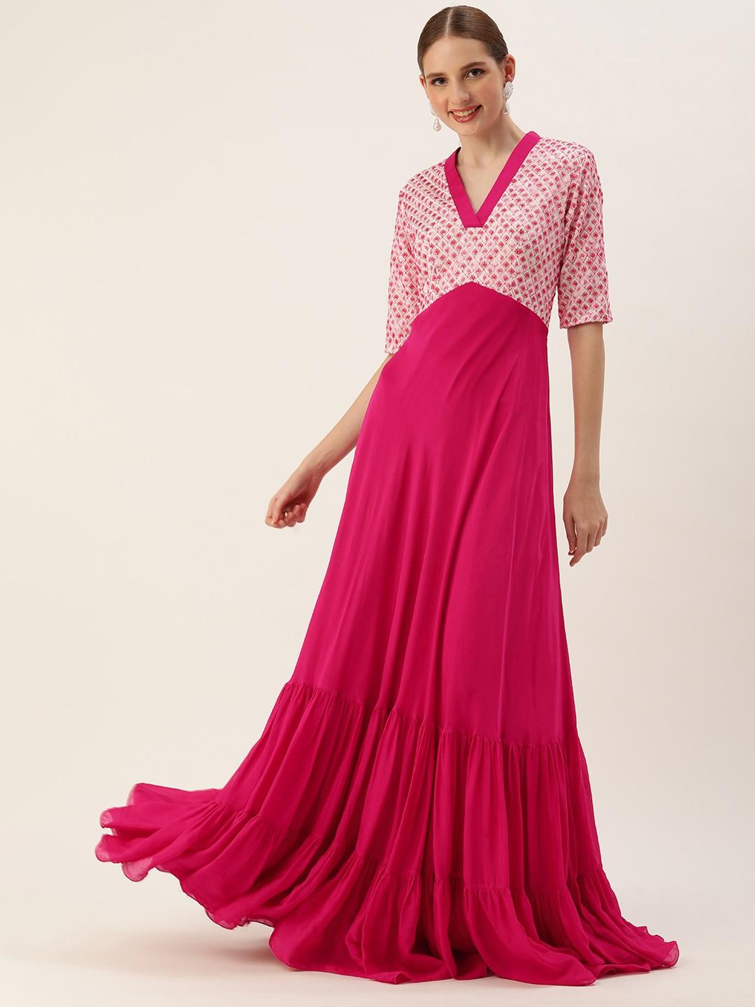 Ethnovog Floral Embroidered Sequined Maxi Gown Dress