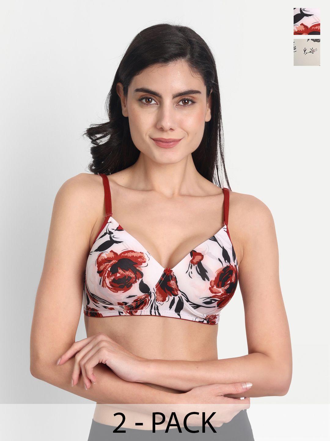 Aimly Pack Of 2 Floral Printed Dry Fit Padded Non-Wired Full Coverage Push-Up Bra