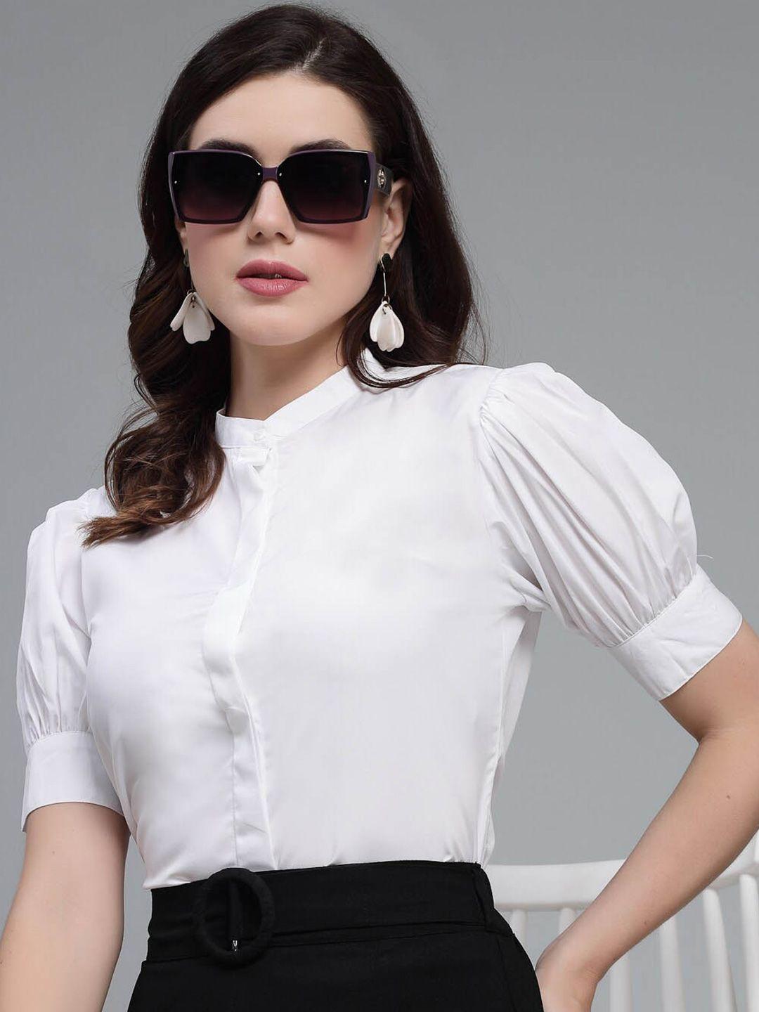Style Quotient Smart White Band Collar Puff Sleeve Opaque Formal Shirt