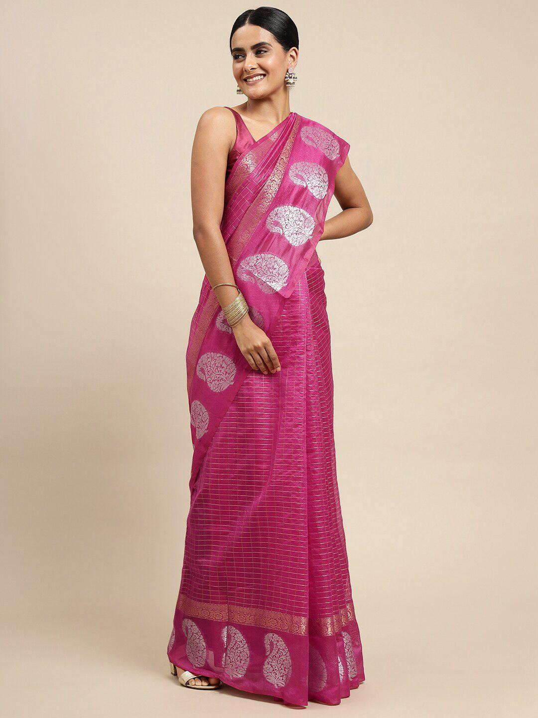 Anaita Pink & Silver-Toned Woven Design Zari Linen Blend Banarasi Saree
