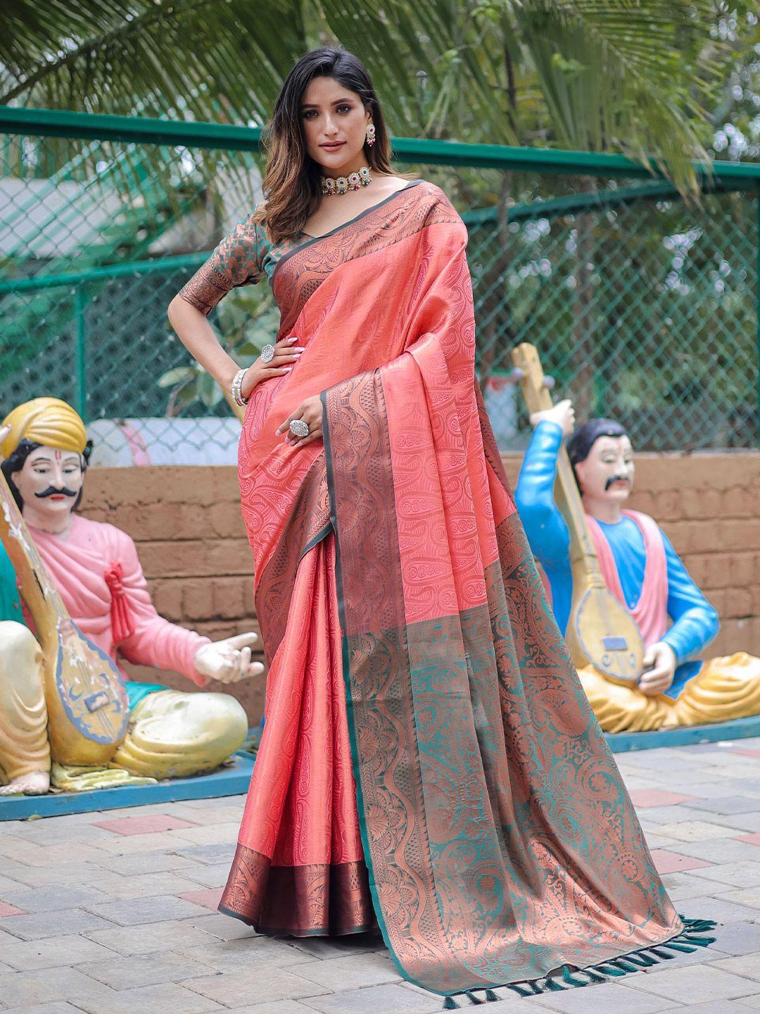 Mitera Pink Paisley Woven Design Zari Kanjeevaram Saree