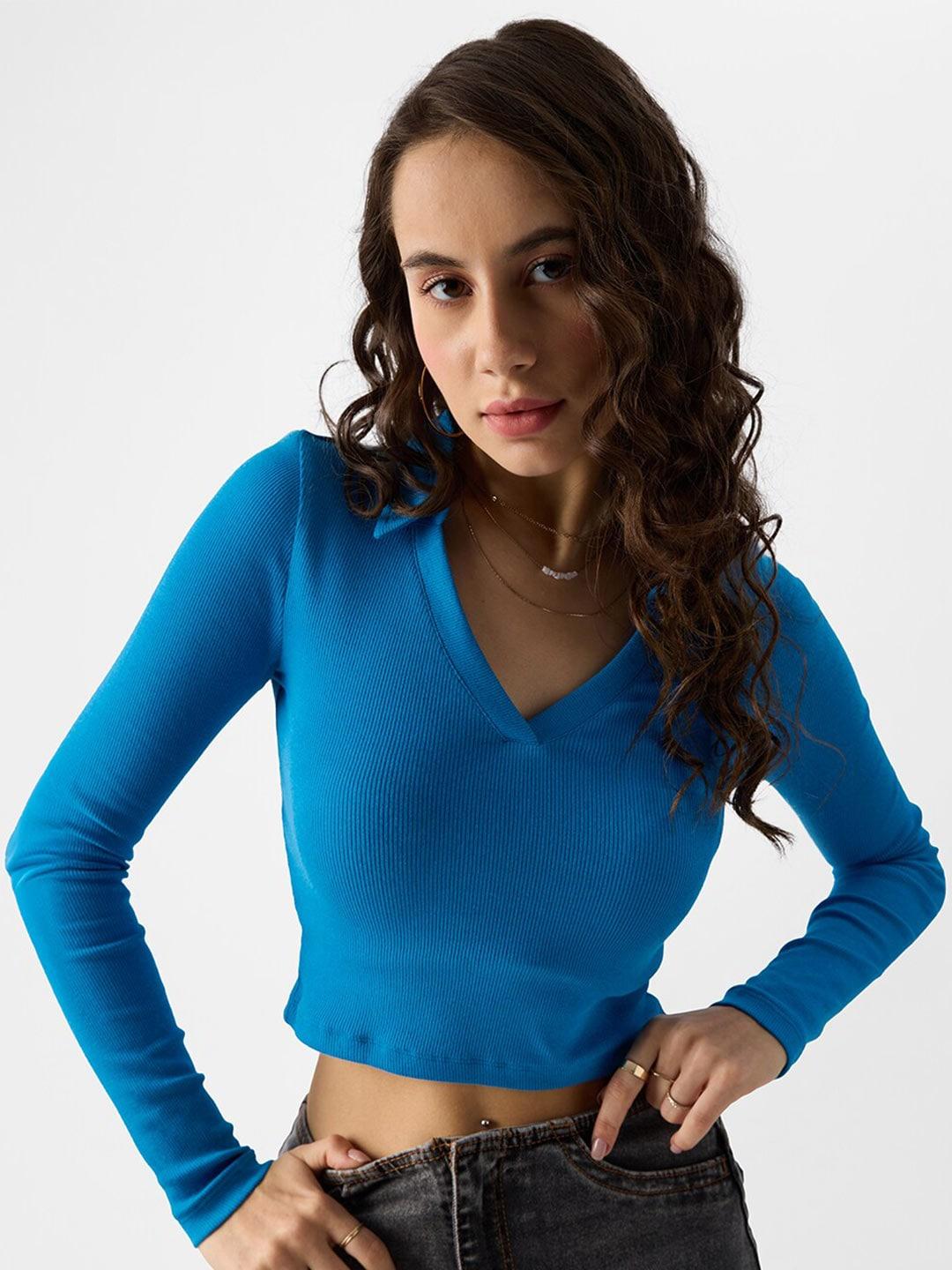 The Souled Store Blue V-Neck Pure Cotton Crop Top