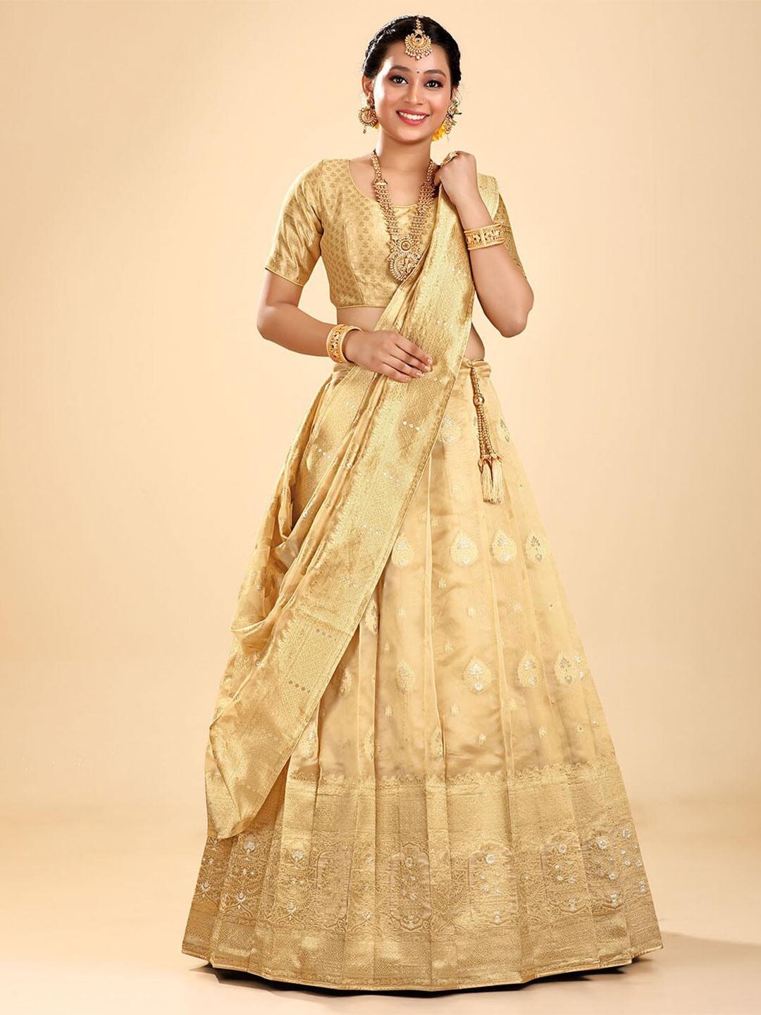 HALFSAREE STUDIO Cream-Coloured & Gold-Toned Embroidered Semi-Stitched Lehenga & Unstitched Blouse With