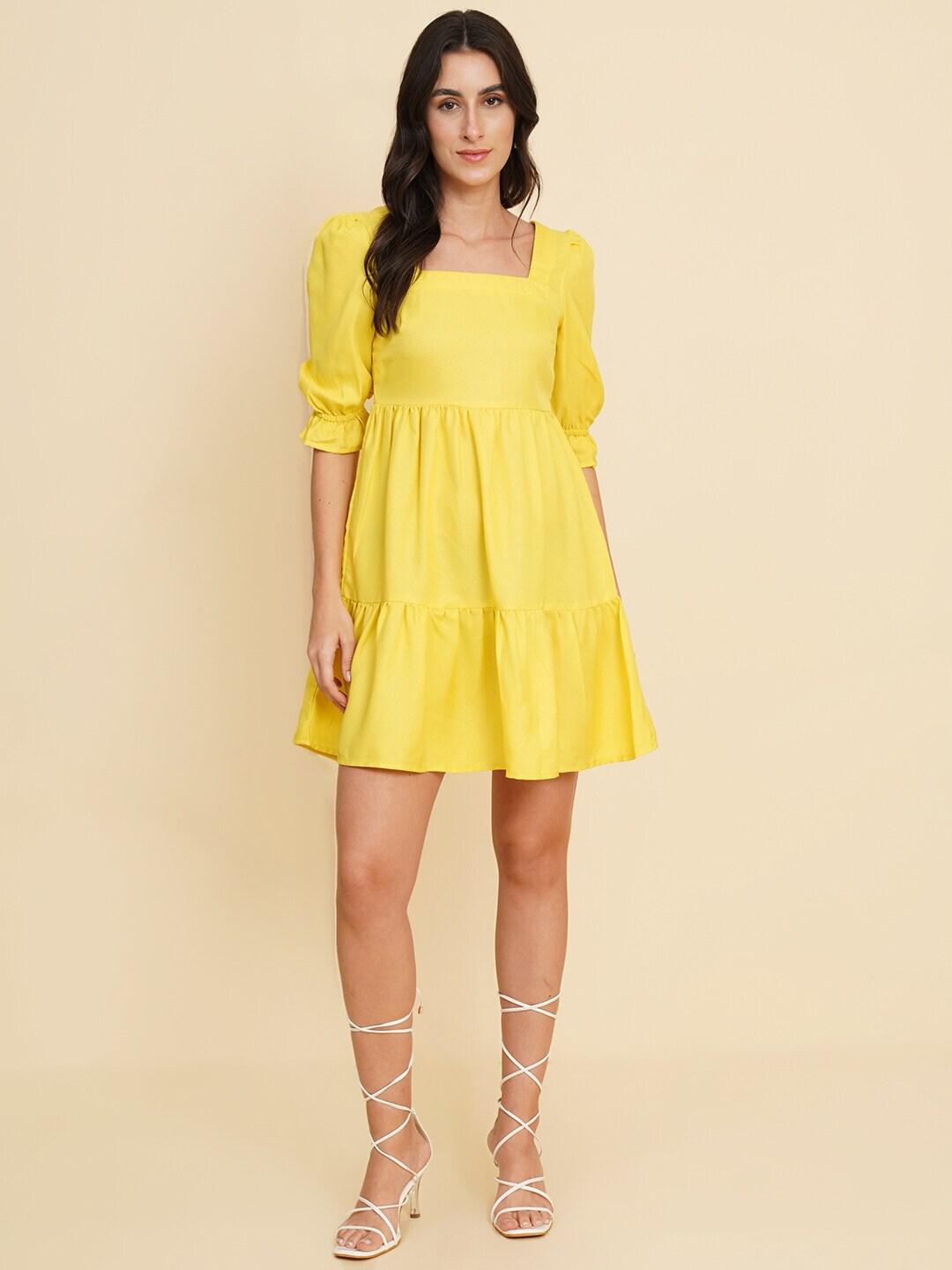 HOUSE OF KKARMA Square Neck Puff Sleeve Fit & Flare Dress