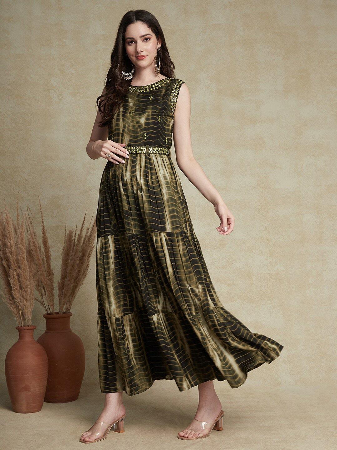 FASHOR Olive Green Print Maxi Dress