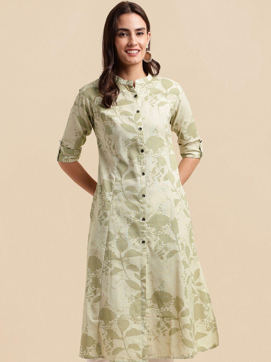 mirchi-fashion-cream-&-green-floral-printed-mandarin-collar-cotton-a-line-kurta