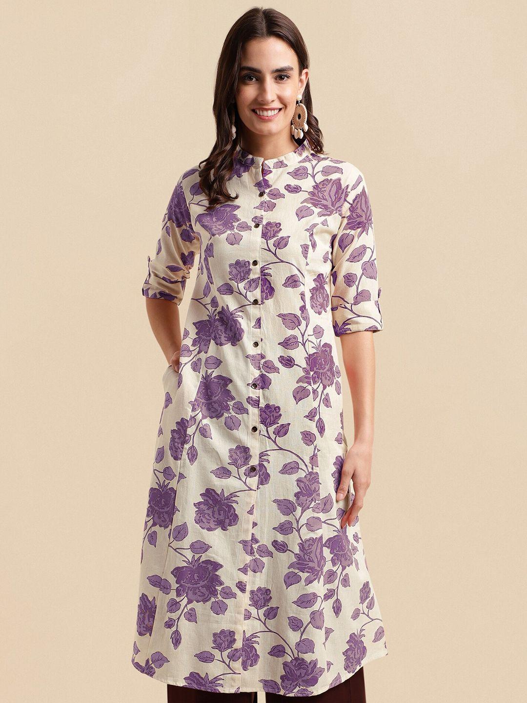 mirchi-fashion-cream-coloured-floral-printed-band-collar-roll-up-sleeves-a-line-kurta