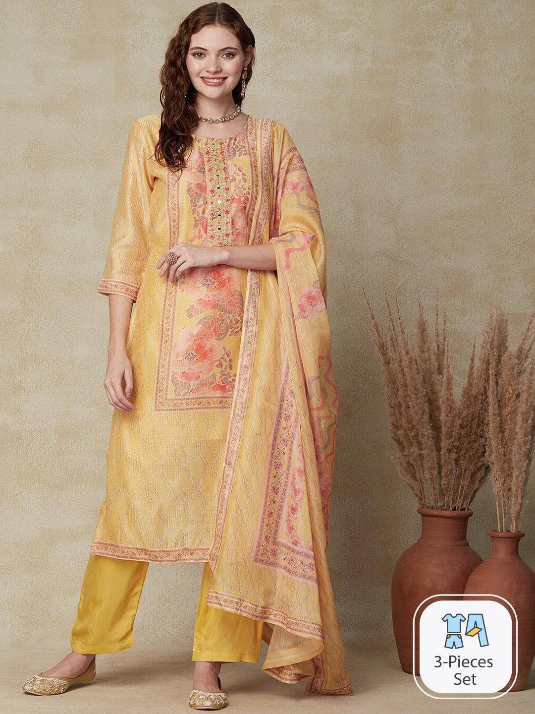 FASHOR Women Yellow Floral Printed Regular Mirror Work Chanderi Silk Kurta with Trousers & With Dupatta