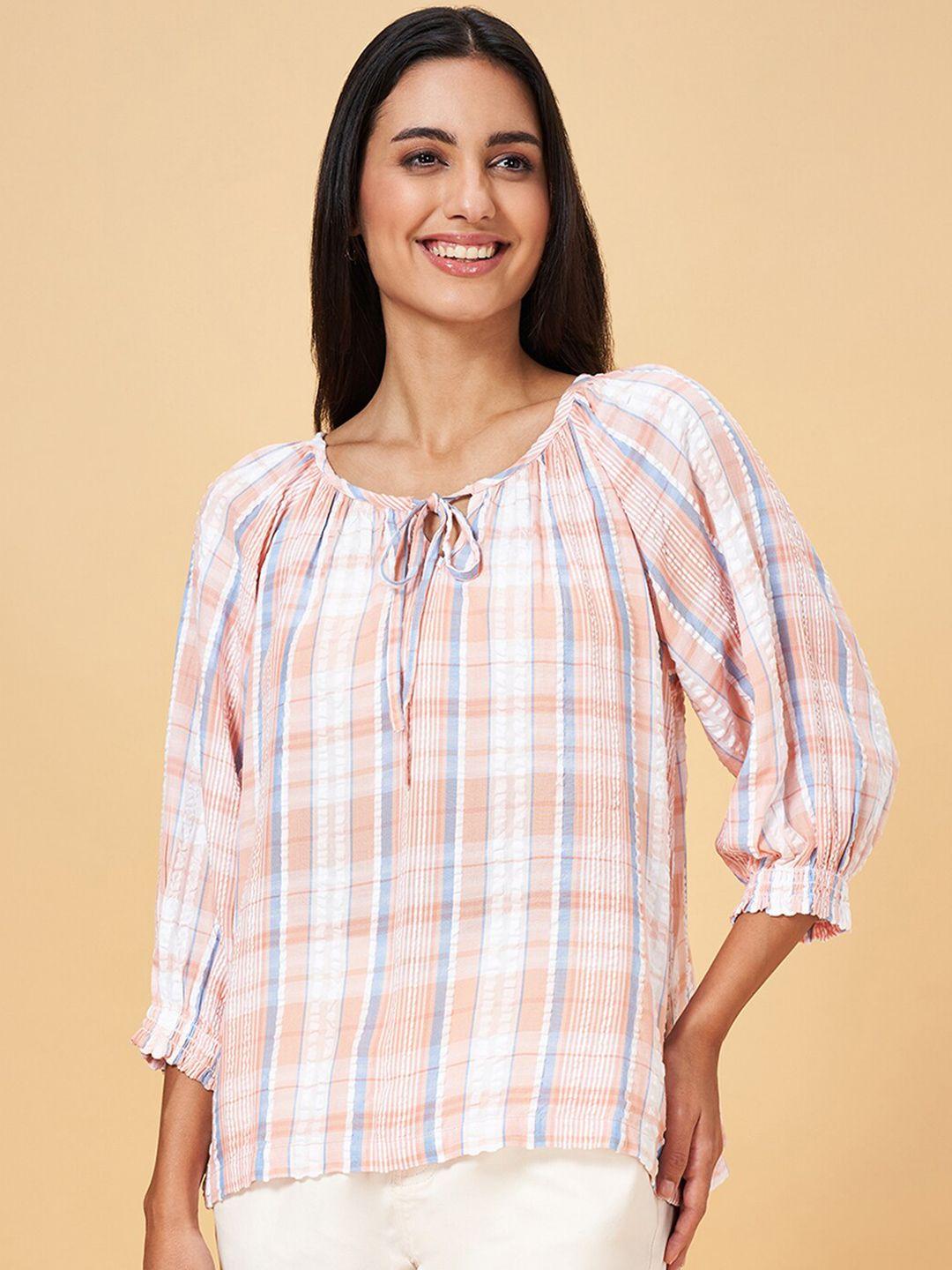 Honey by Pantaloons Checked Tie-Up Neck Cotton Blouson Top