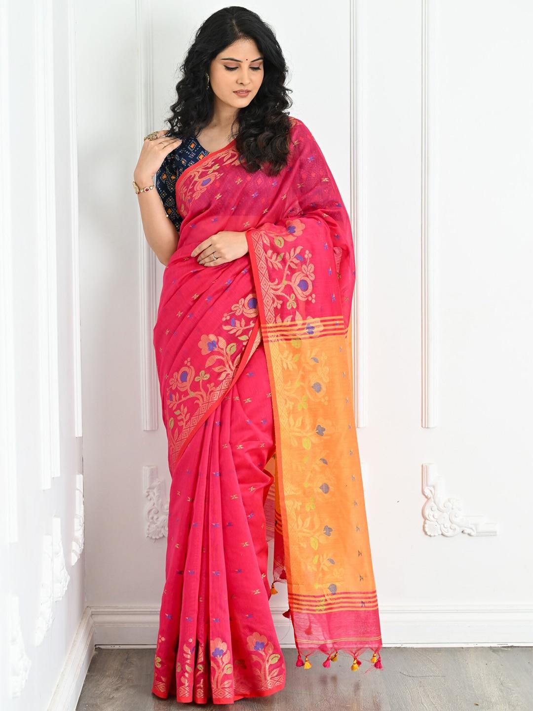 BEATITUDE Pink & Blue Woven Design Zari Silk Cotton Saree