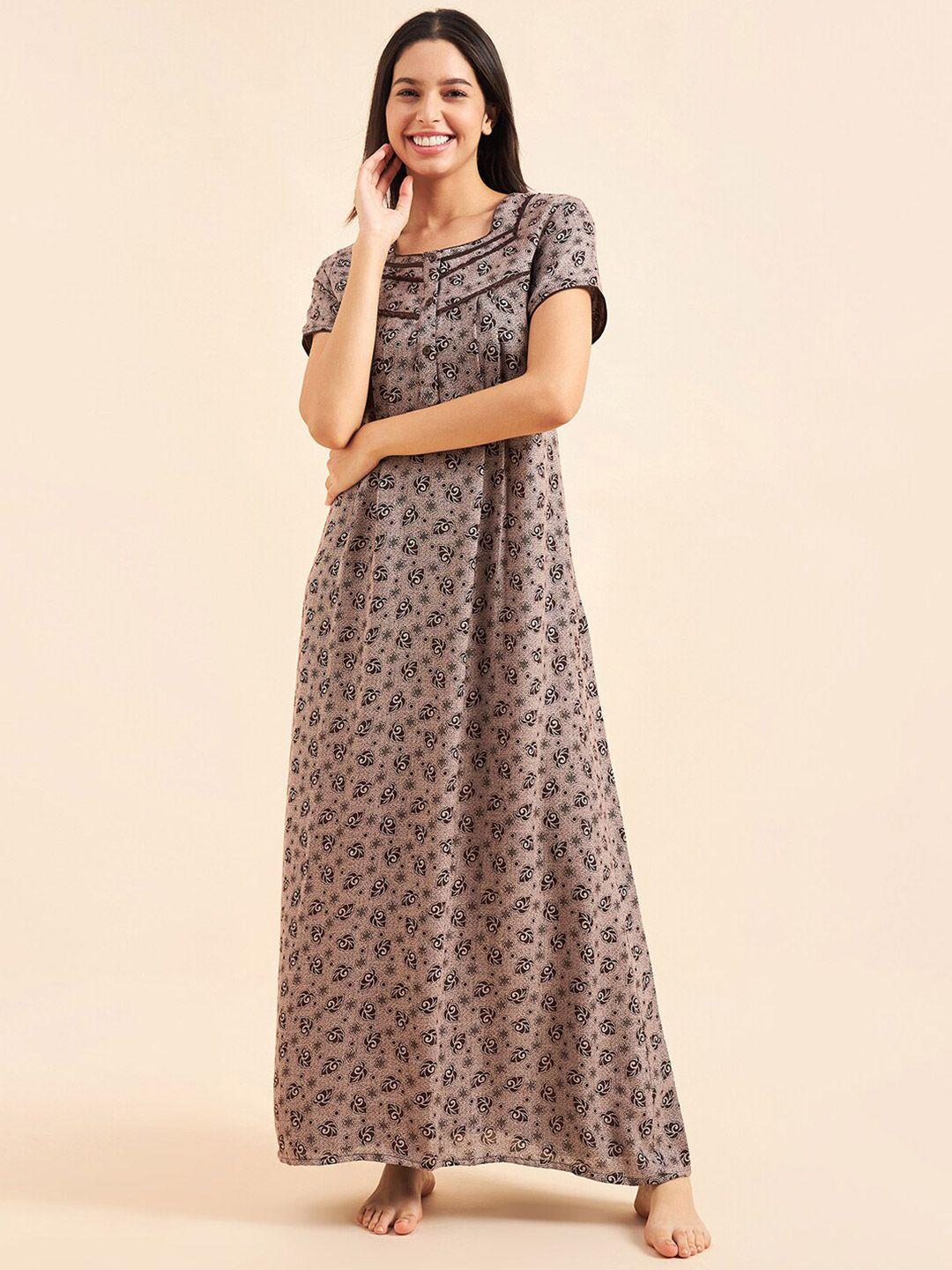 sweet-dreams-brown-&-beige-ethnic-motifs-printed-maxi-pure-cotton-nightdress