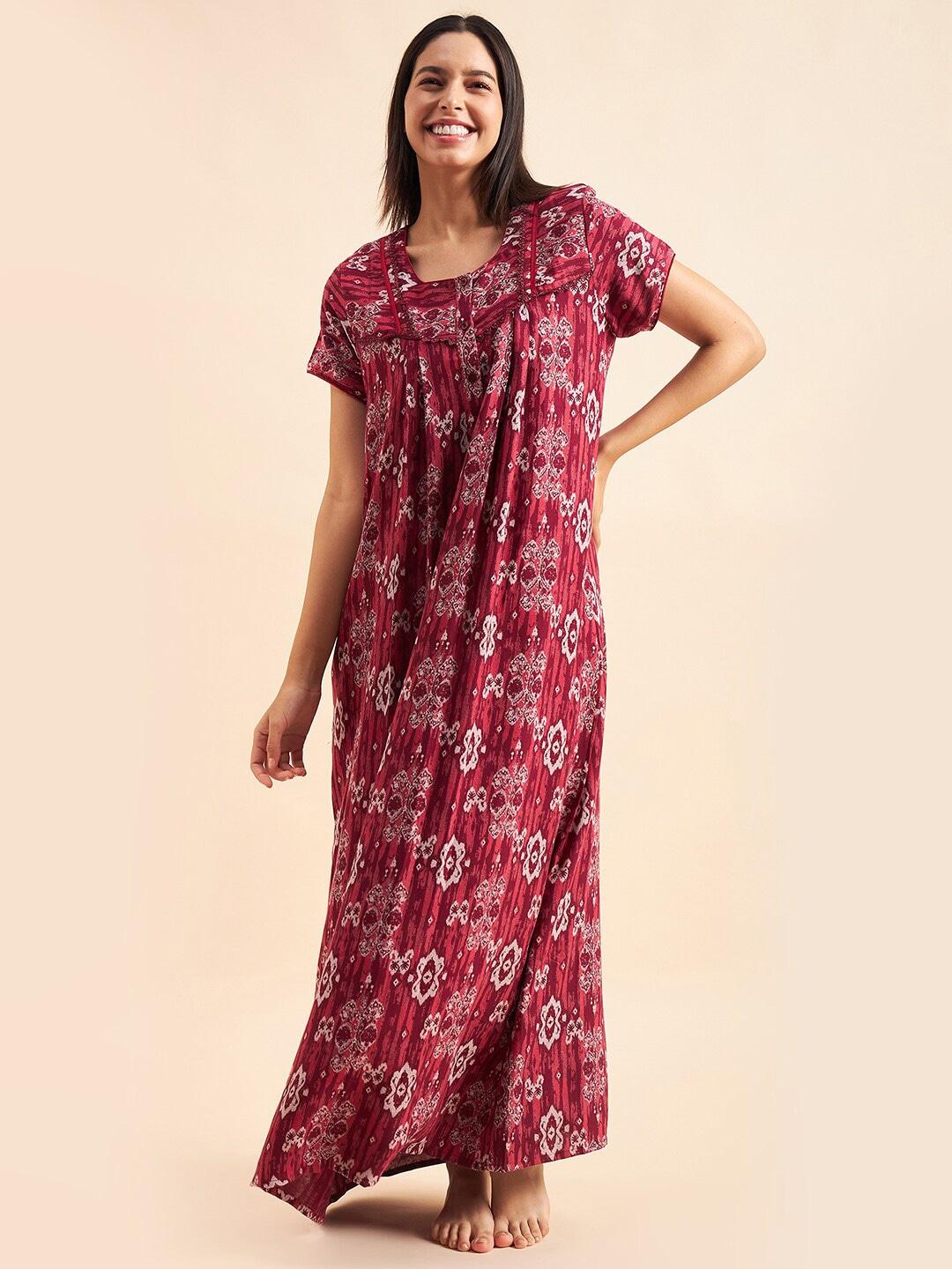 Sweet Dreams Maroon & White Abstract Printed Maxi Pure Cotton Nightdress