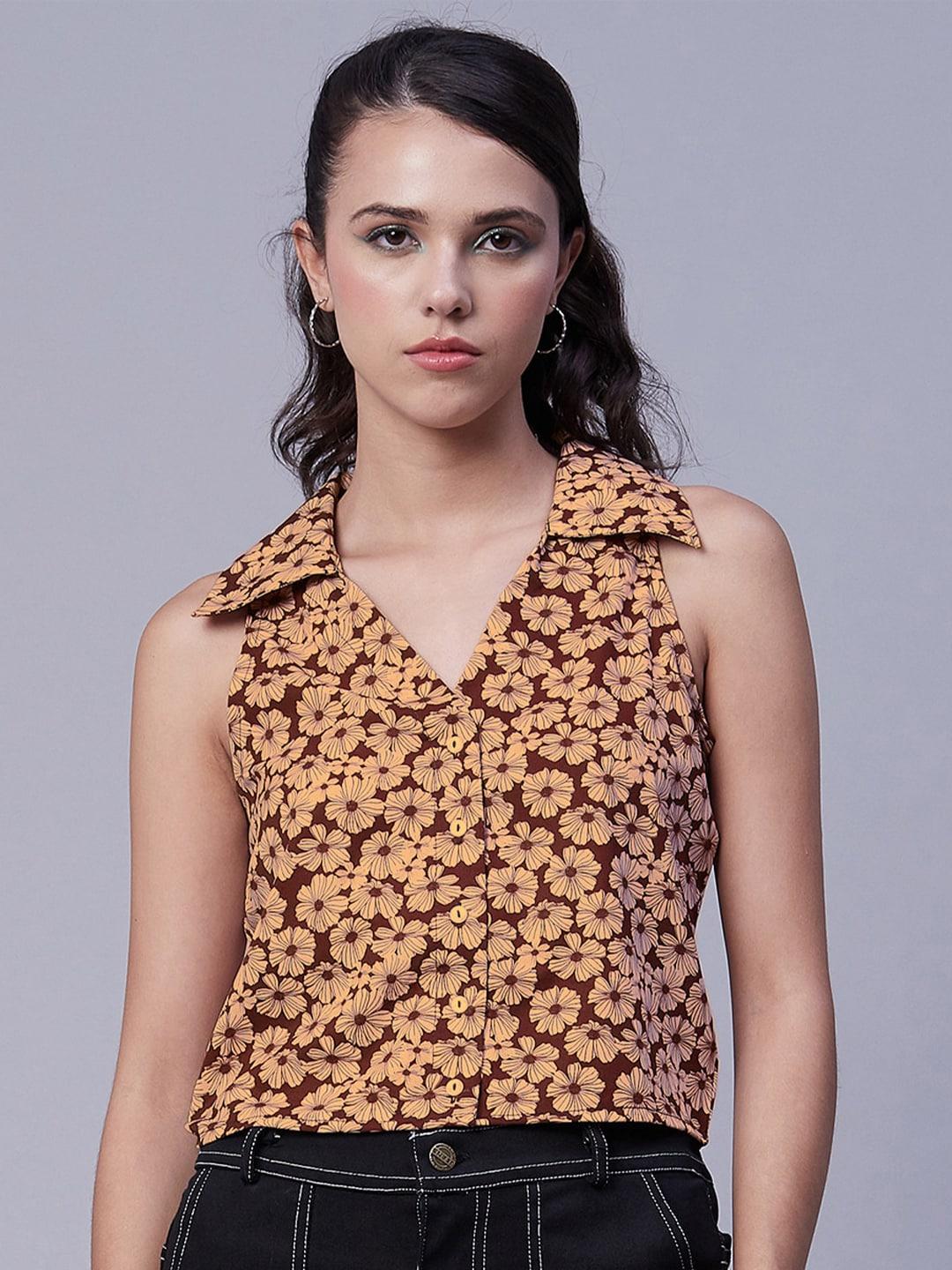Moomaya Floral Print Shirt Style Crop Top