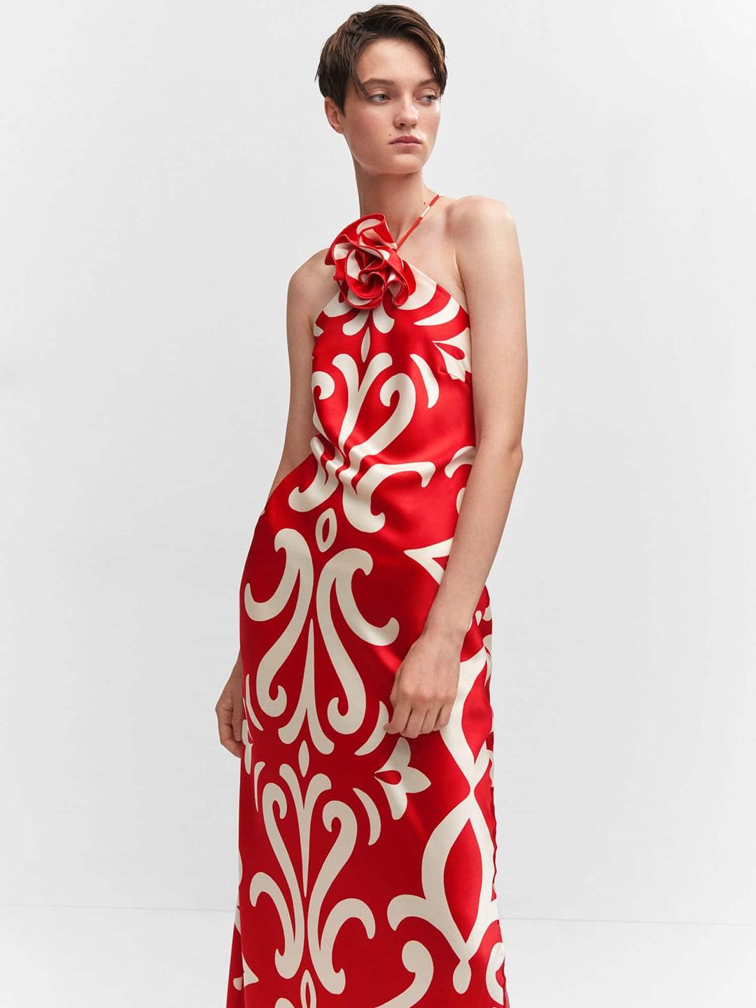 MANGO Printed Halter Neck Flower-Detail Satin Maxi Dress