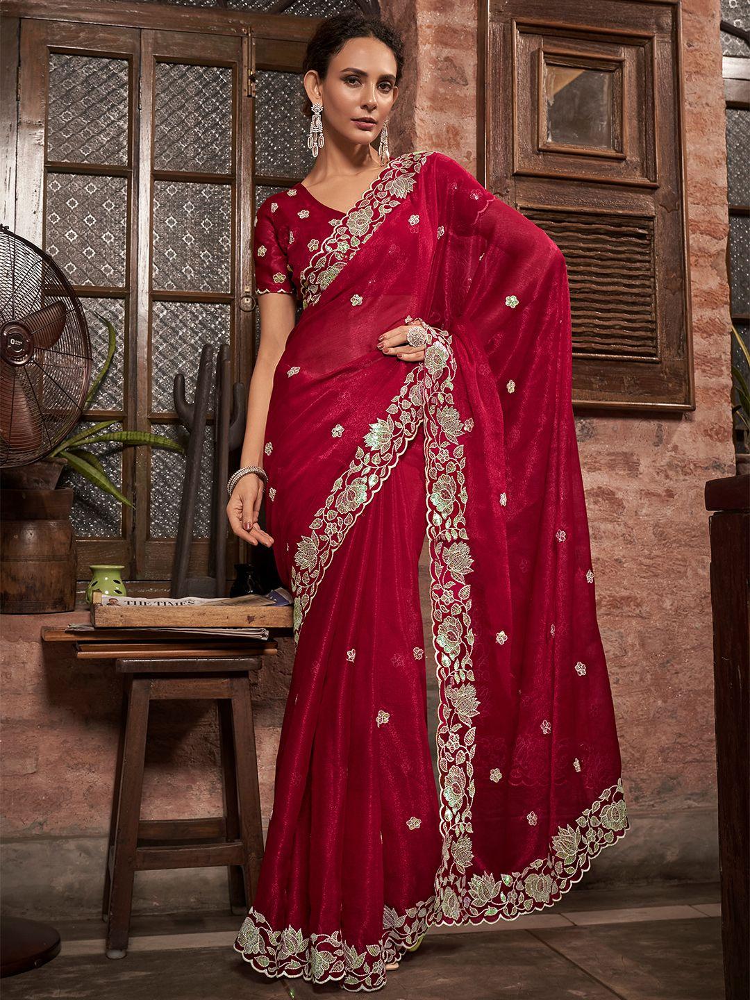 mitera-red-&-gold-toned-floral-embroidered-pure-chiffon-saree