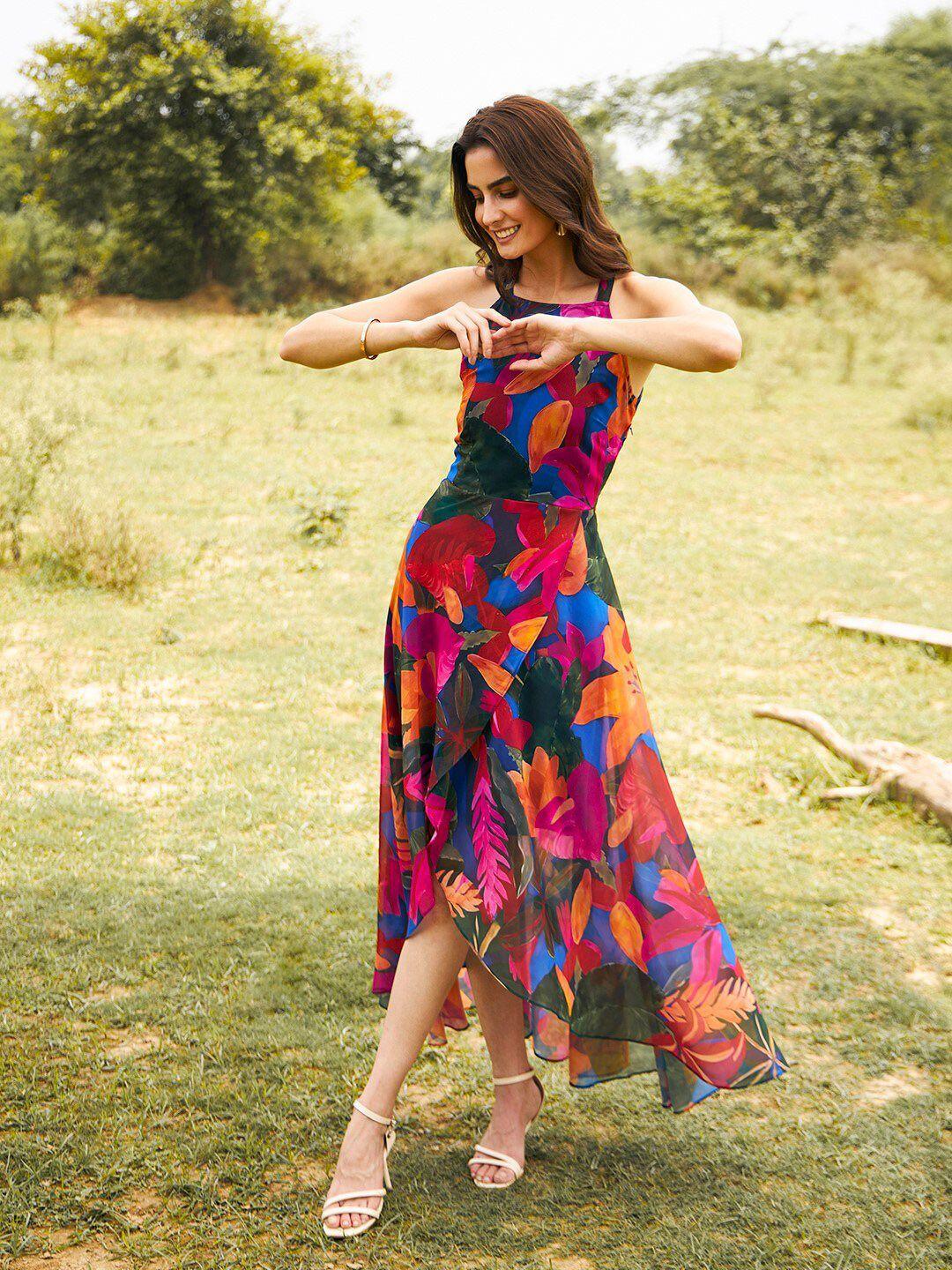 MABISH by Sonal Jain Floral Printed Shoulder Straps Georgette Fit & Flare Midi Dress