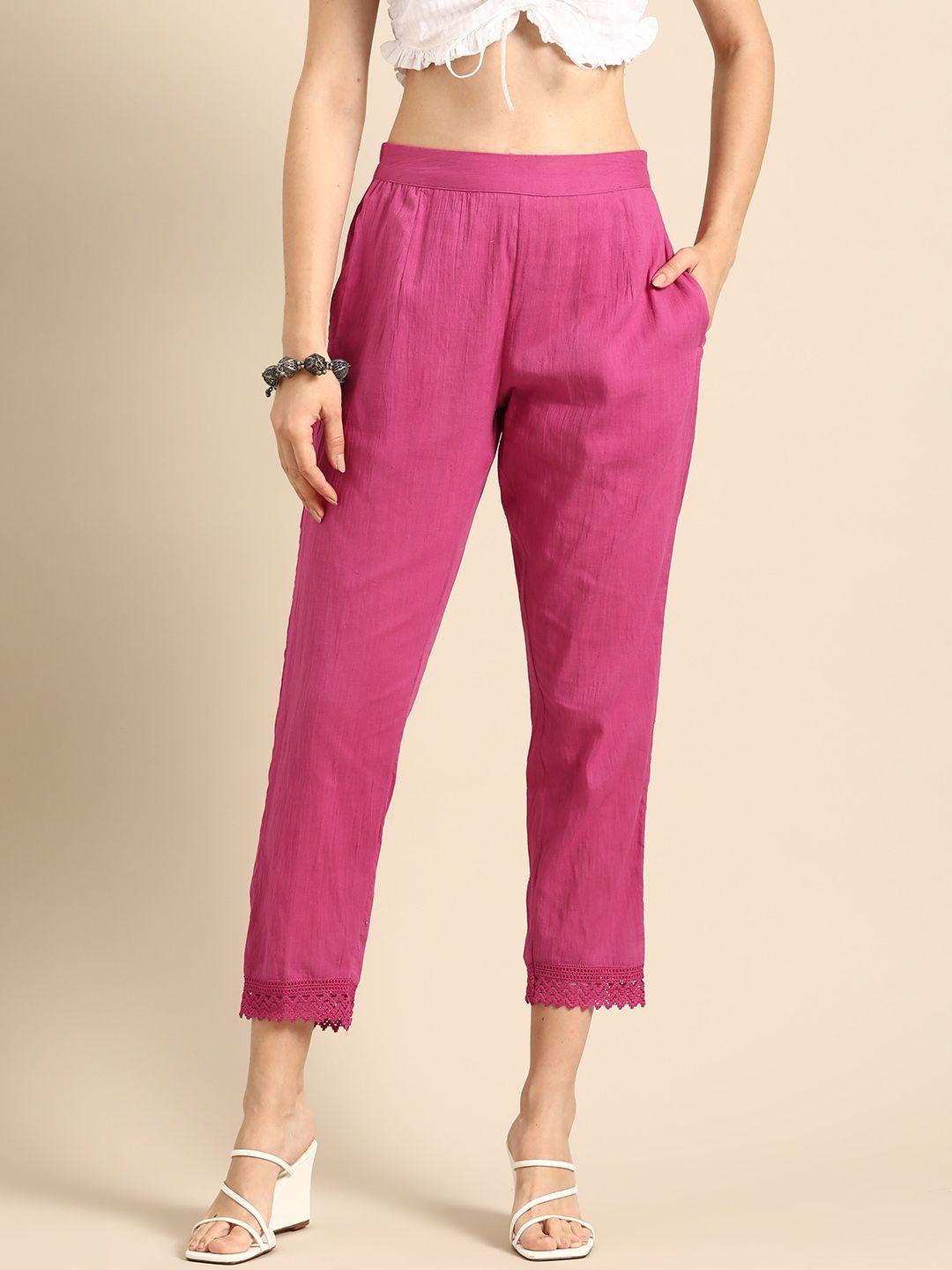 sangria-women-pure-cotton-lace-detailed-cropped-trousers