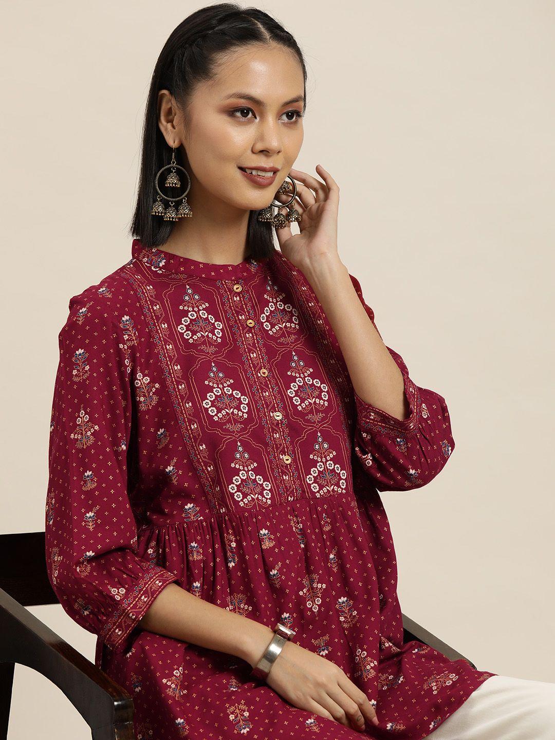 here&now-ethnic-motifs-printed-mandarin-collar-puff-sleeves-pleated-kurti