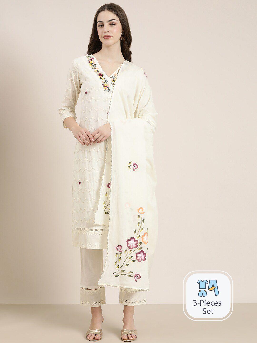 SHOWOFF Floral Embroidered Kurta & Trousers With Dupatta