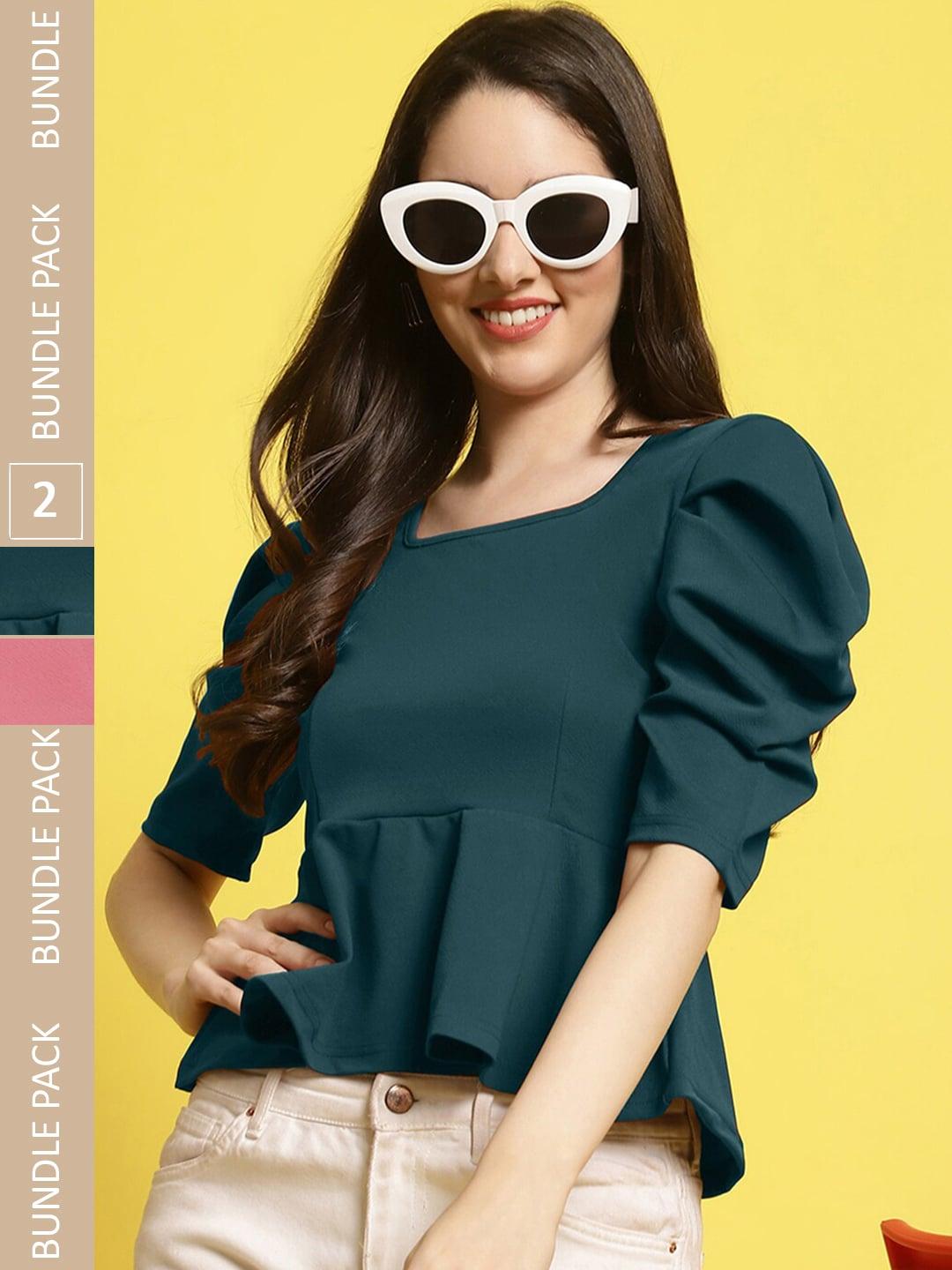 fabflee-pack-of-2-square-neck-puff-sleeves-peplum-top
