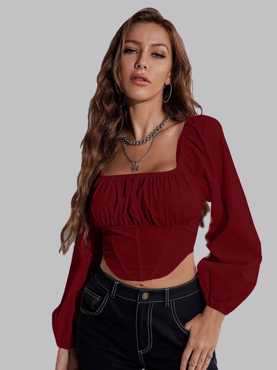 elyraa-square-neck-gathered-puff-sleeve-crepe-crop-top
