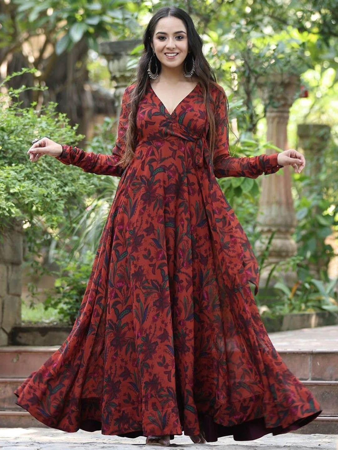 KALINI Floral Printed Flared Maxi Wrap Ethnic Dress