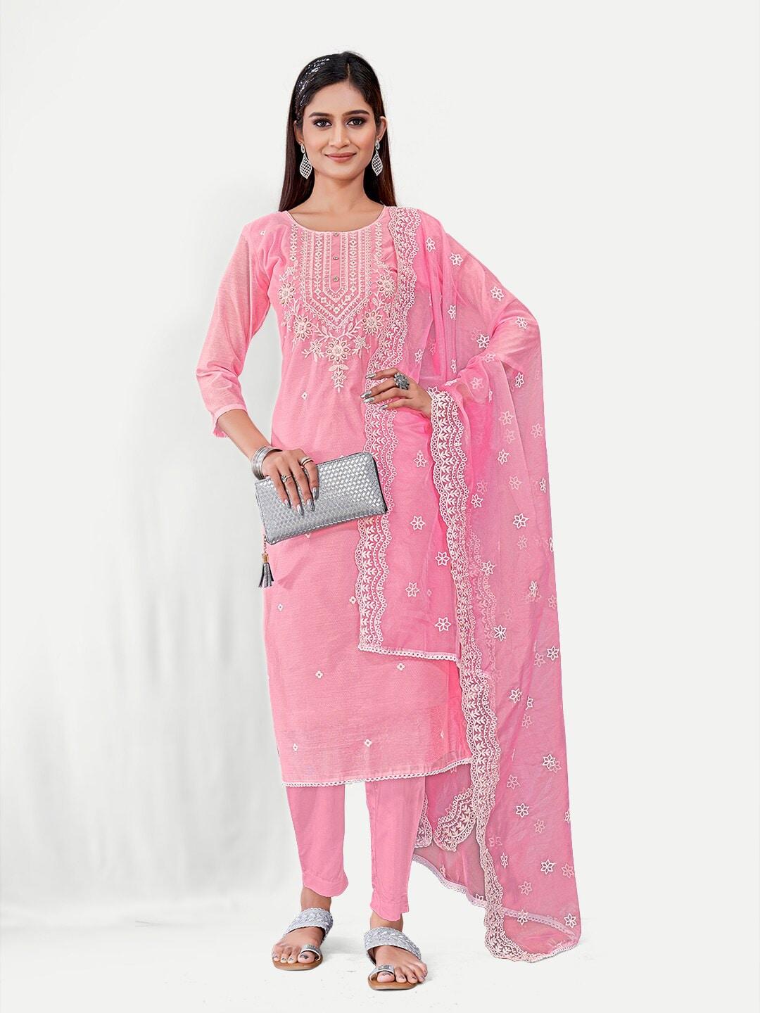 TAVAS Pink & White Embroidered Unstitched Dress Material