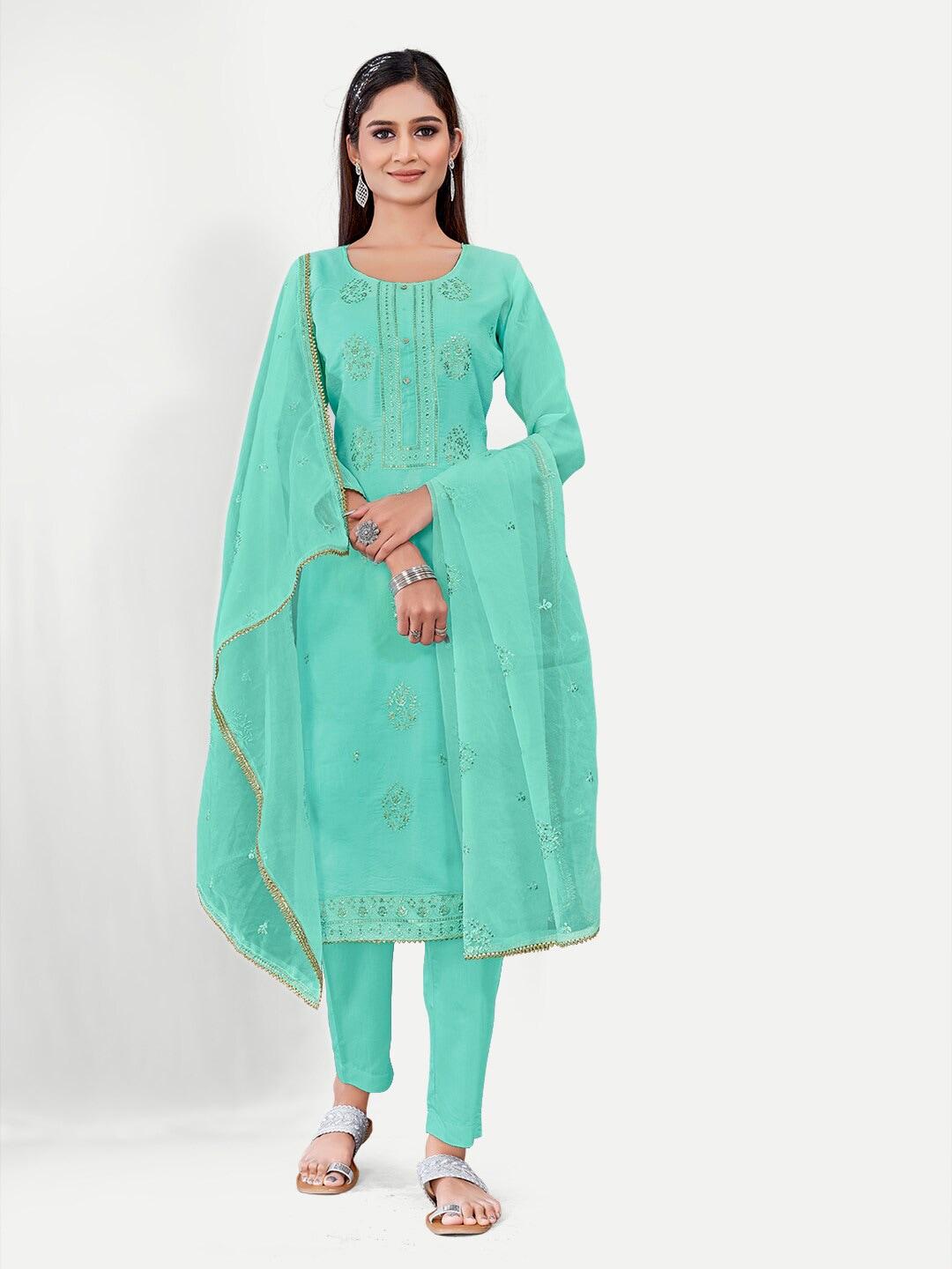 TAVAS Turquoise Blue & Gold-Toned Embroidered Unstitched Dress Material
