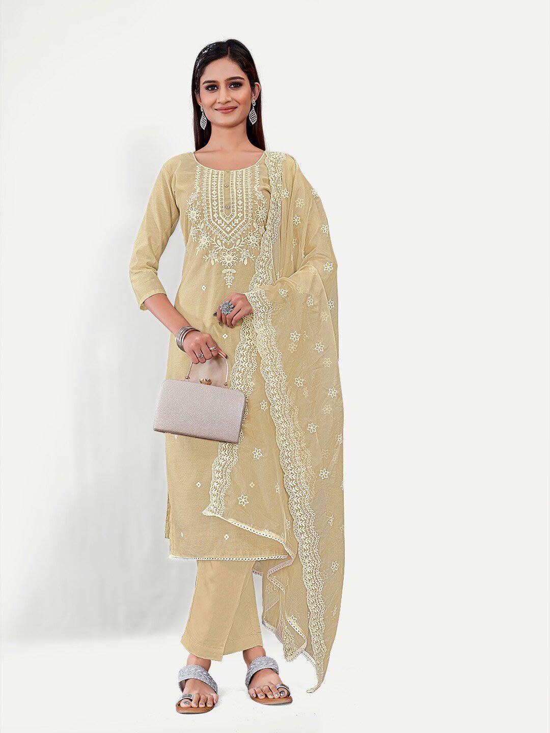 TAVAS Brown & White Embroidered Unstitched Dress Material