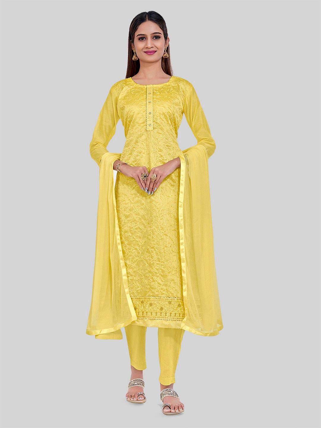 TAVAS Yellow Embroidered Unstitched Dress Material
