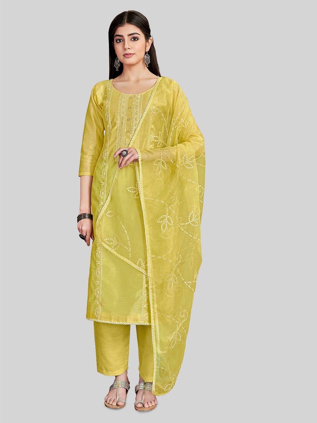 TAVAS Yellow & Gold-Toned Embroidered Unstitched Dress Material