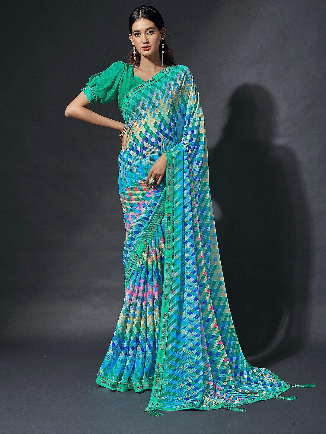 Mitera Turquoise Blue & Green Geometric Printed Saree