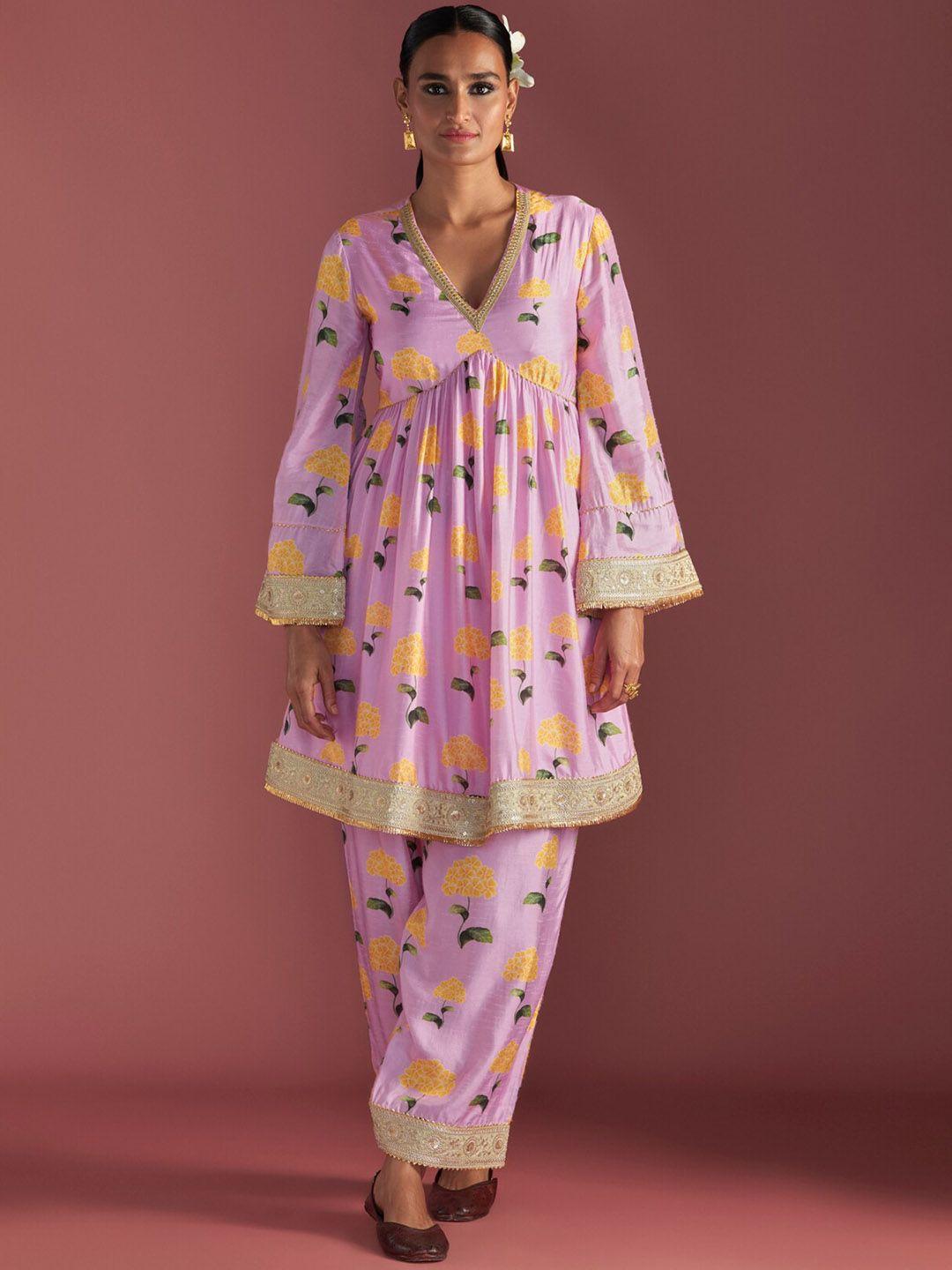 masaba-floral-printed-sequinned-v-neck-pleated-empire-a-line-kurta-with-salwar