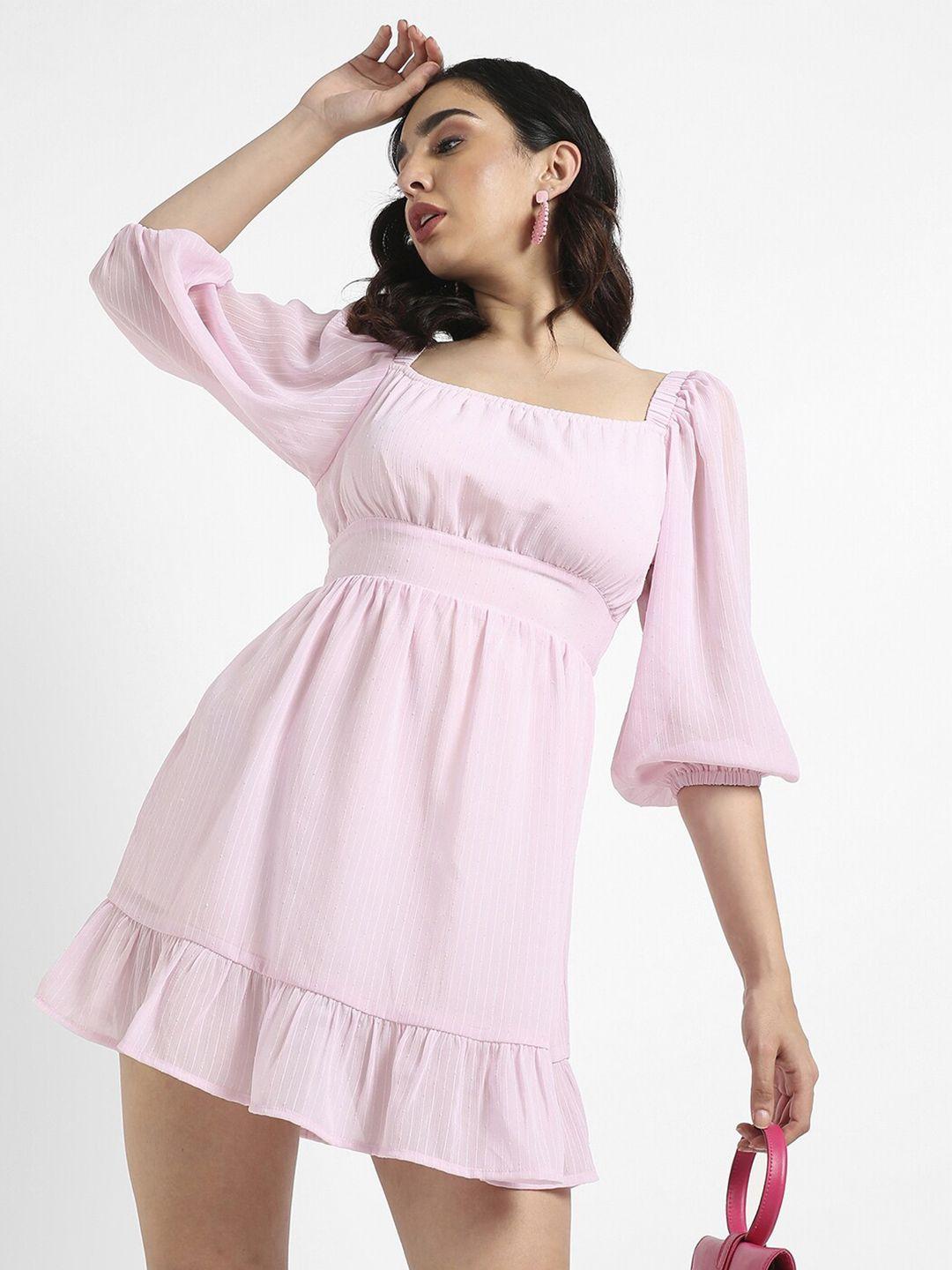 campus-sutra-square-neck-puff-sleeves-fit-&-flare-mini-dress