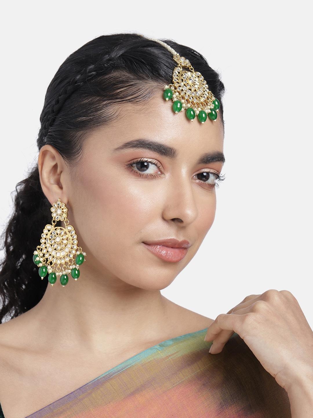 Peora Women Gold-Plated Kundan Studded Earrings with Maang Tikka