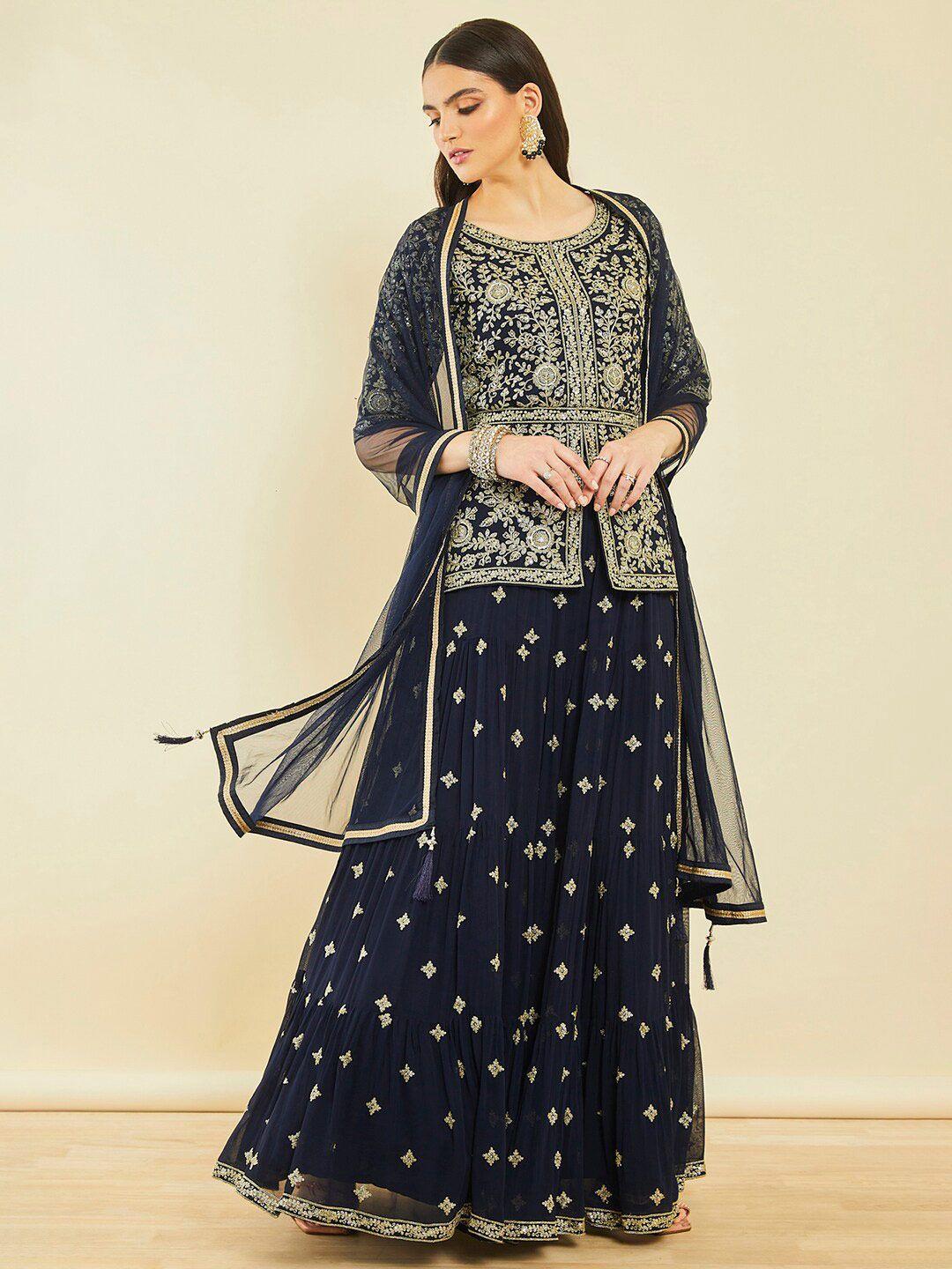 Soch Navy Blue Ethnic Motif Embroidered Ready to Wear Lehenga & Blouse With Dupatta