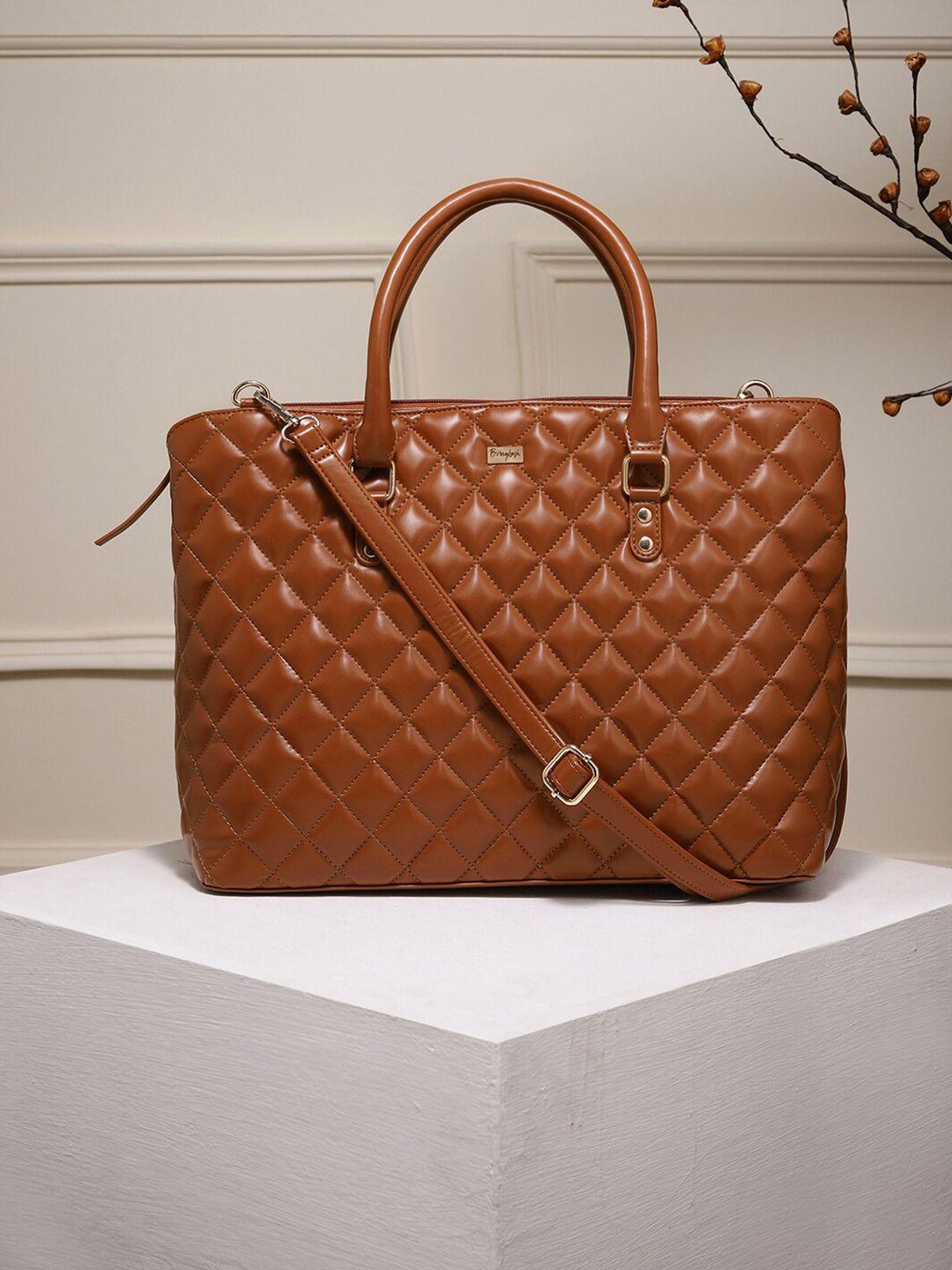 berrylush-women-brown-textured-laptop-bag-with-quilted