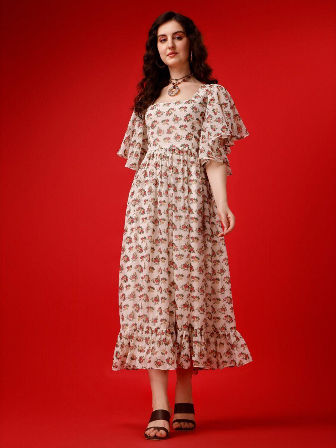 KALINI Floral Printed Flared Sleeve Georgette A-Line Midi Dress