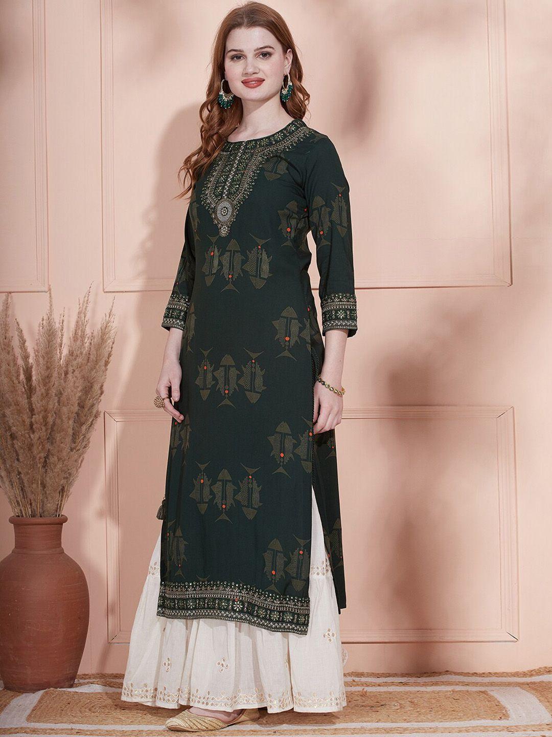 fashor-women-green-ethnic-motifs-printed-flared-sleeves-thread-work-kurta