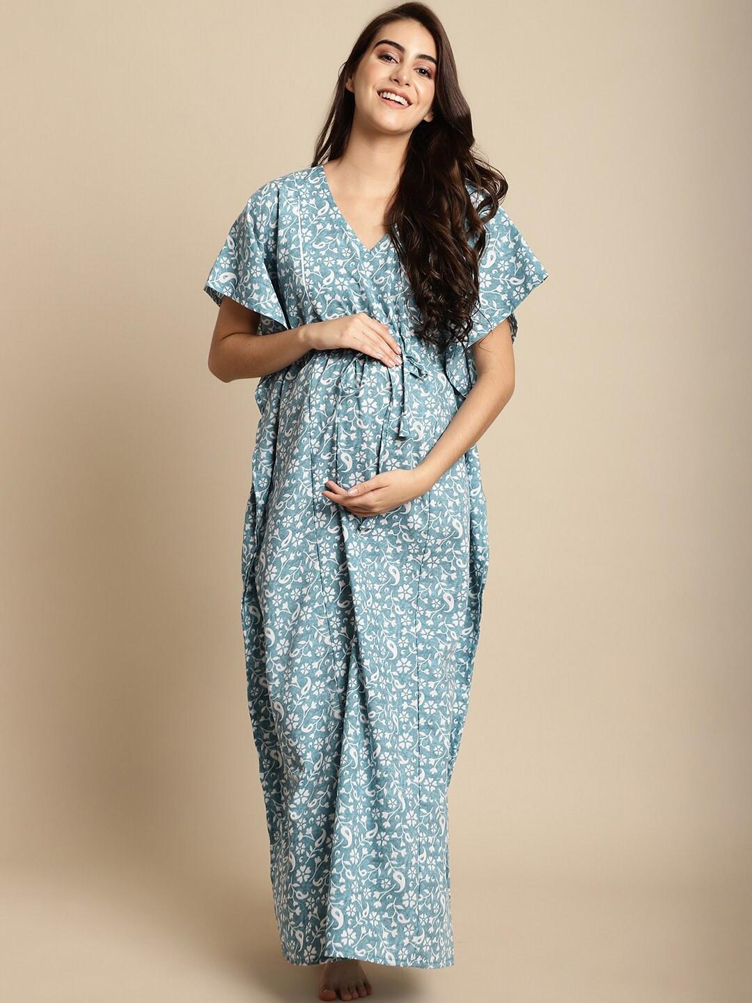 Secret Wish Floral Printed V-Neck Pure Cotton Maternity Maxi Kaftan Nightdress