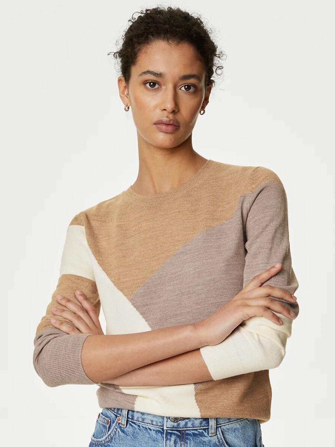 Marks & Spencer Colourblocked Round Neck Pullover Sweaters