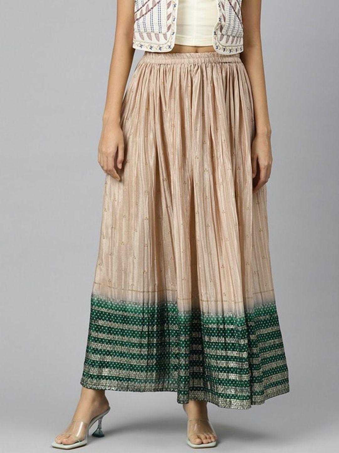 KALINI Geometric Printed Pleated Maxi Flared Skirt