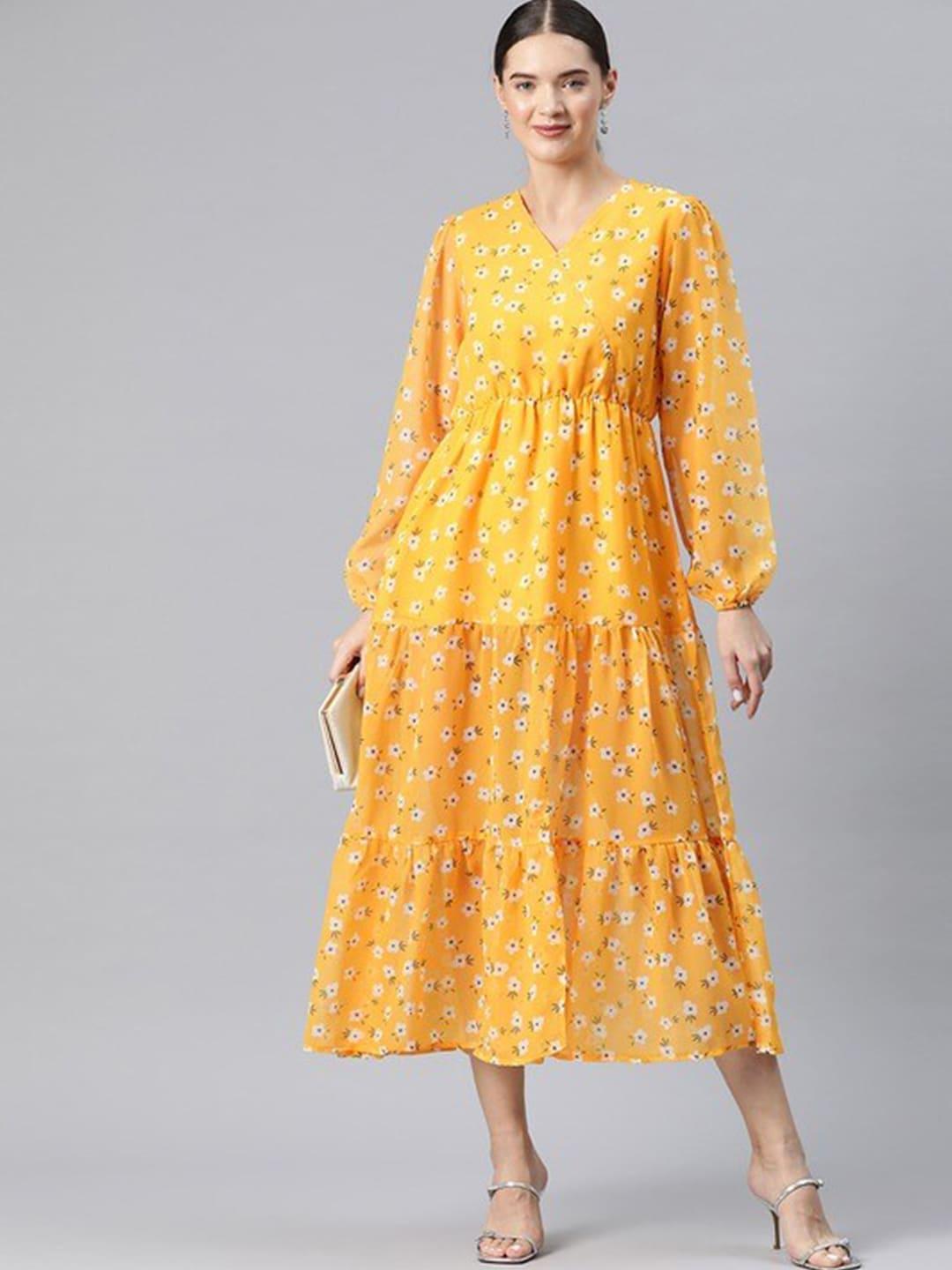 KALINI Yellow Floral Print Puff Sleeve Crepe A-Line Midi Dress