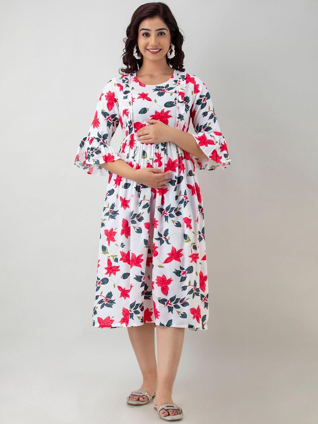 celebravo-floral-printed-gathered-maternity-fit-&-flare-dress