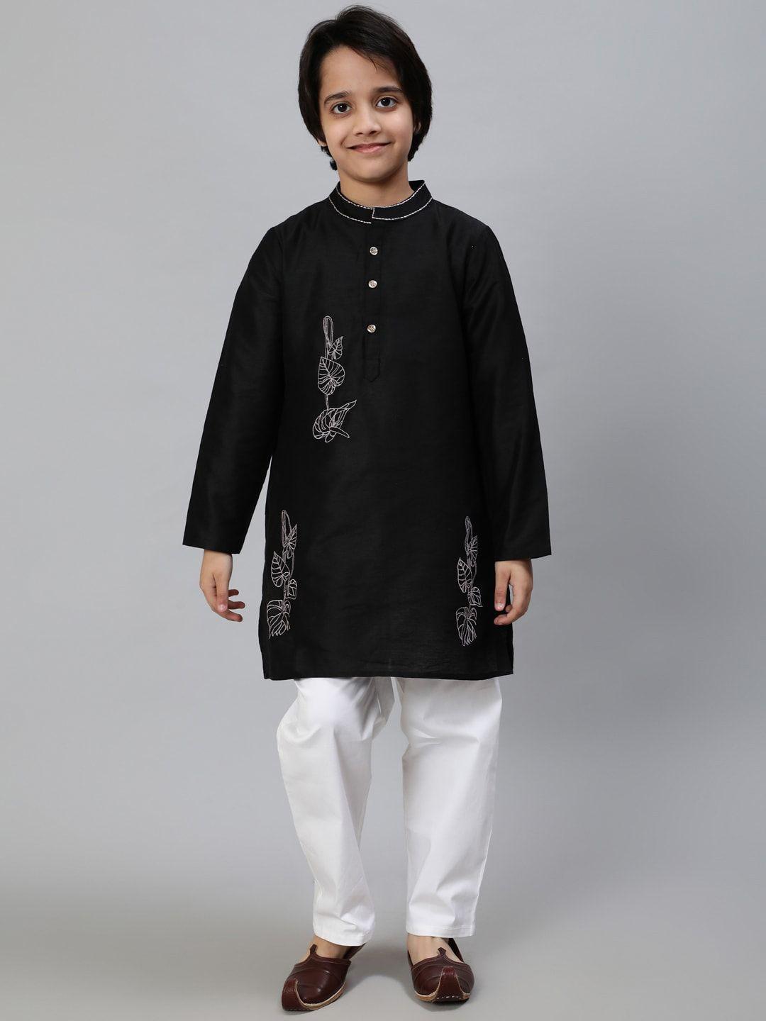 Aks Kids Boys Floral Embroidered Thread Work Mandarin Collar Cotton Silk Straight Kurta