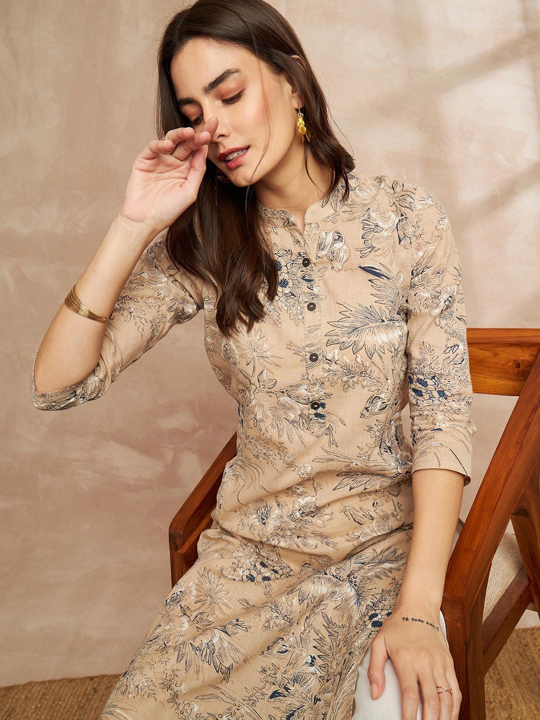 all about you Beige Floral Printed Cotton Kurta