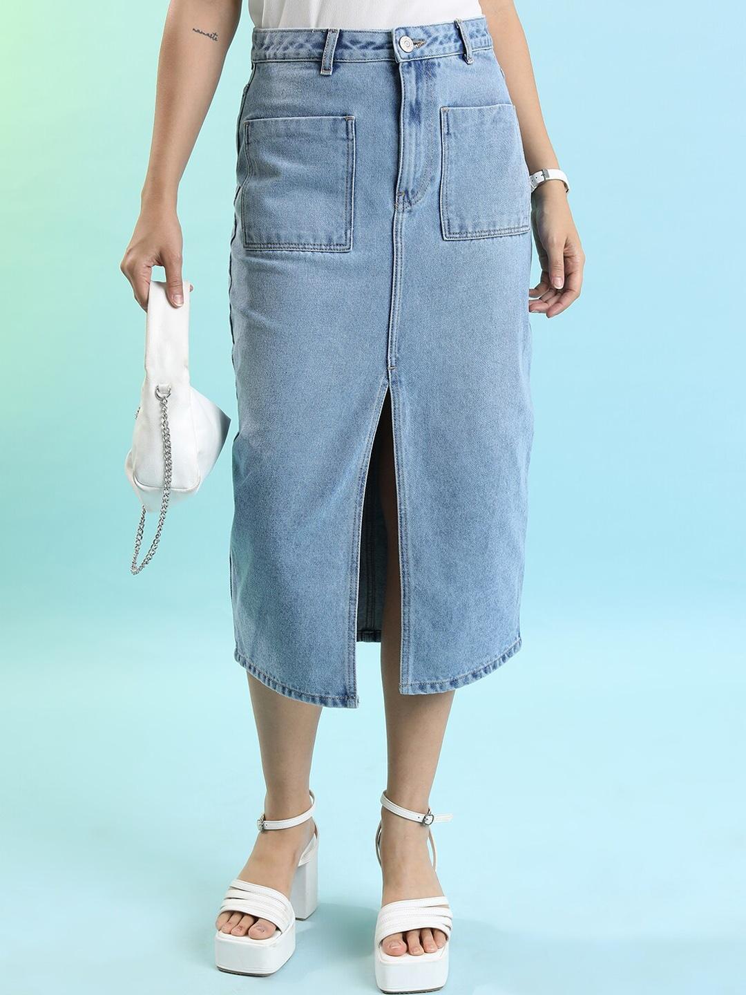 Tokyo Talkies Blue Mid-Rise Midi-Length Straight Pure Cotton Skirt