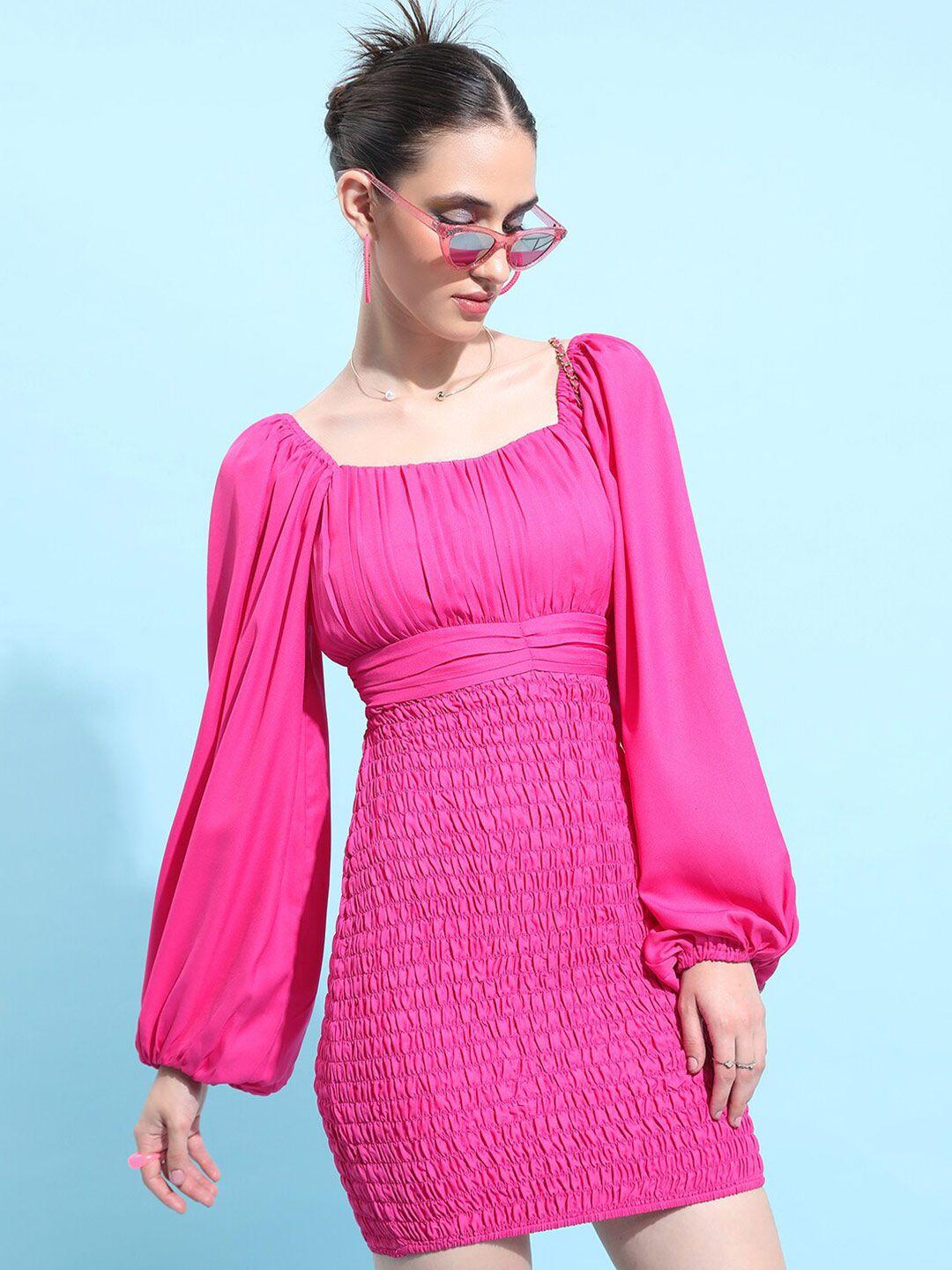 tokyo-talkies-pink-square-neck-puff-sleeve-smocked-bodycon-dress
