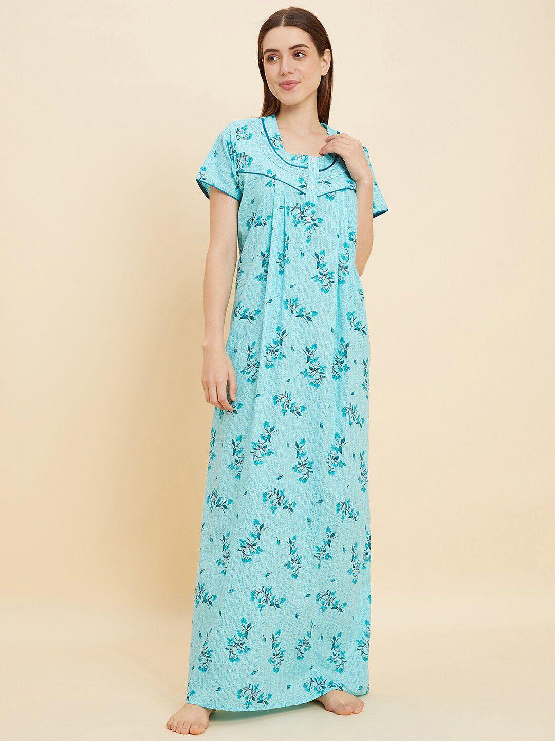 Sweet Dreams Turquoise Blue Floral Printed Pure Cotton Maxi Nightdress